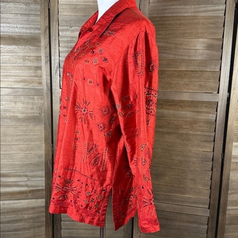 Chicos Design Red Silk Embroidered Beaded Button Down‎ Shirt Womens Size 3 Large - Picture 4 of 9